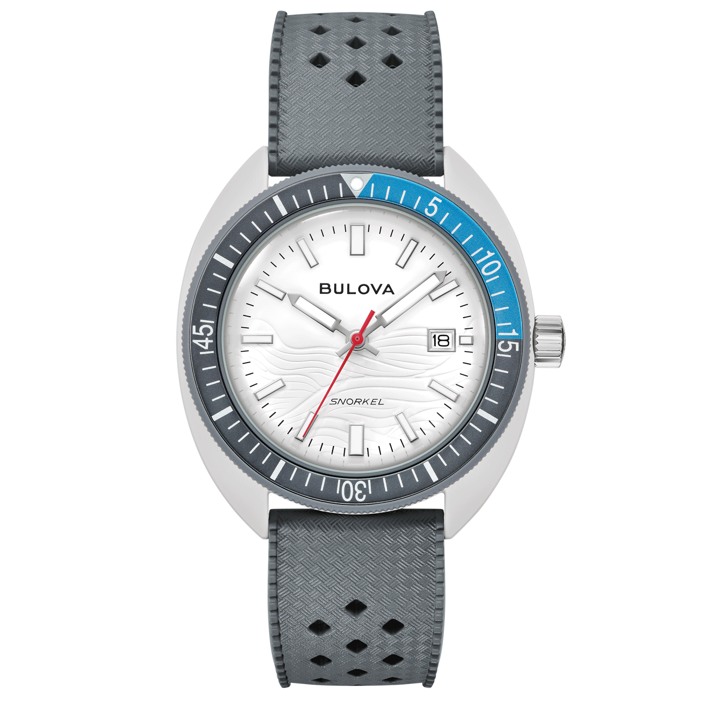Bulova Herrenuhr mit weißem Zifferblatt, blauer Lünette und grauem Armband