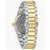Seitenansicht Herrenarmbanduhr: gold-silbernes Edelstahlband mit blauem Zifferblatt, Saphirglas