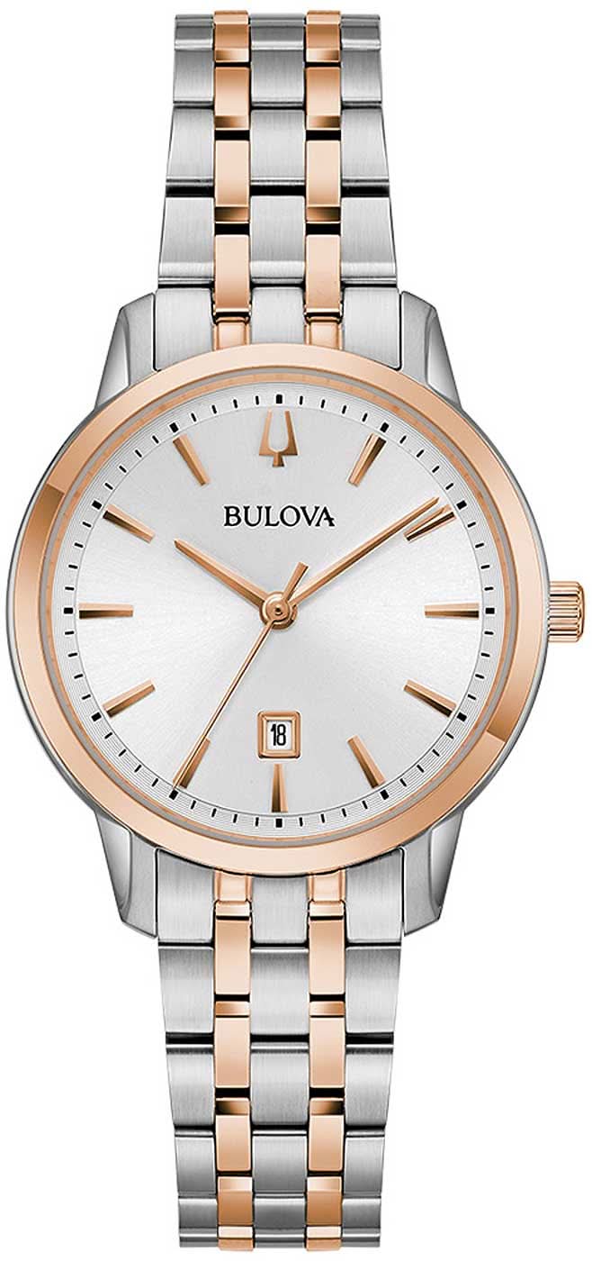 Montre Bulova pour femme : cadran blanc, bracelet bicolore en acier inoxydable, lunette ronde