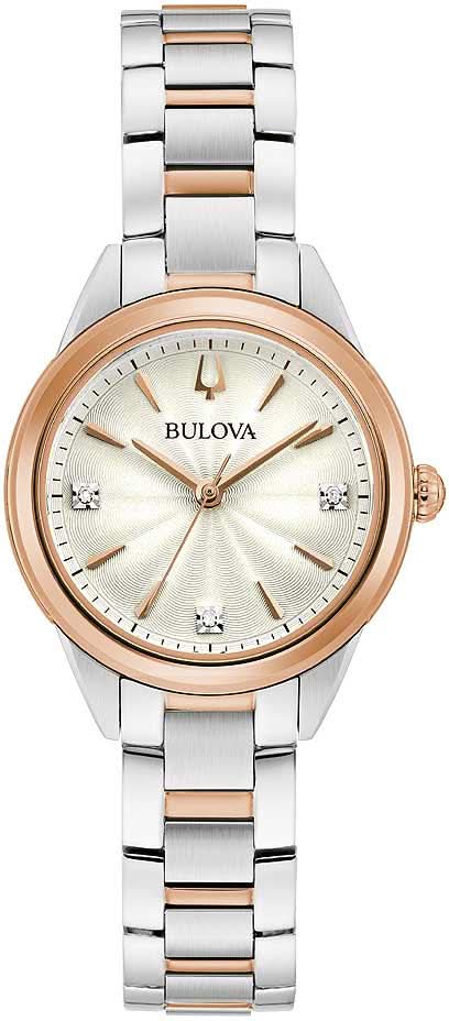 Montre Bulova pour femme avec bracelet métallique bicolore, cadran rond beige et trois diamants