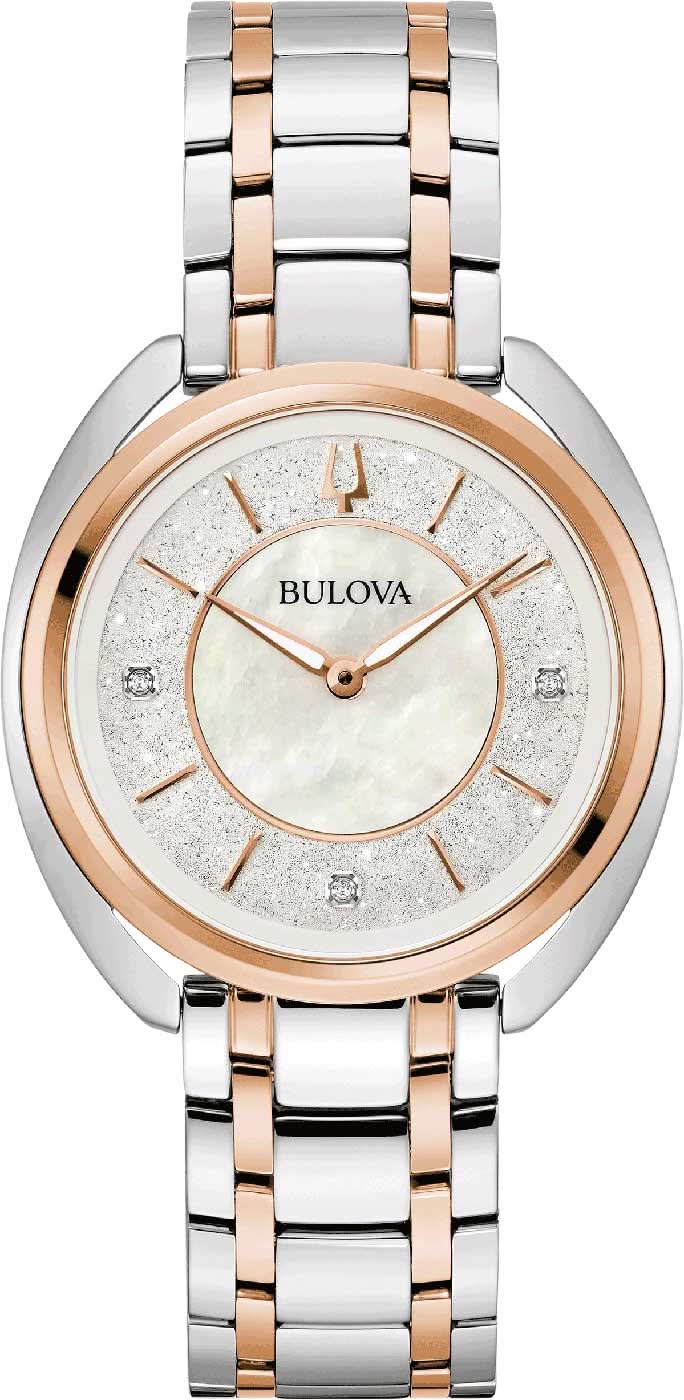 Montre Bulova pour femme : cadran en nacre, lunette couleur or rose, 3 index diamants