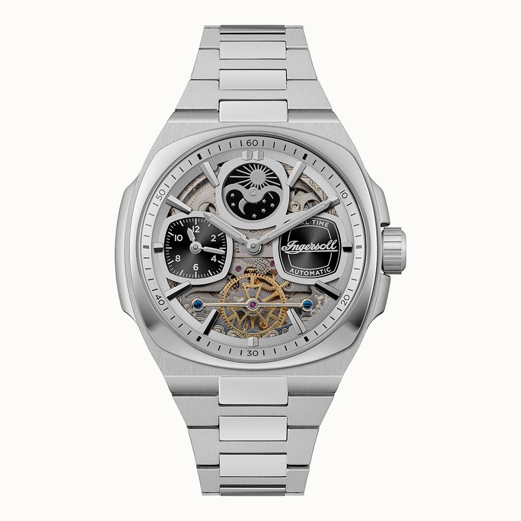 Ingersoll Herrenuhr mit silbernem Metallarmband und offenem Skelettzifferblatt