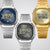 Drei Vintage-Digitaluhren: silbernes Metallarmband, blaues Display
