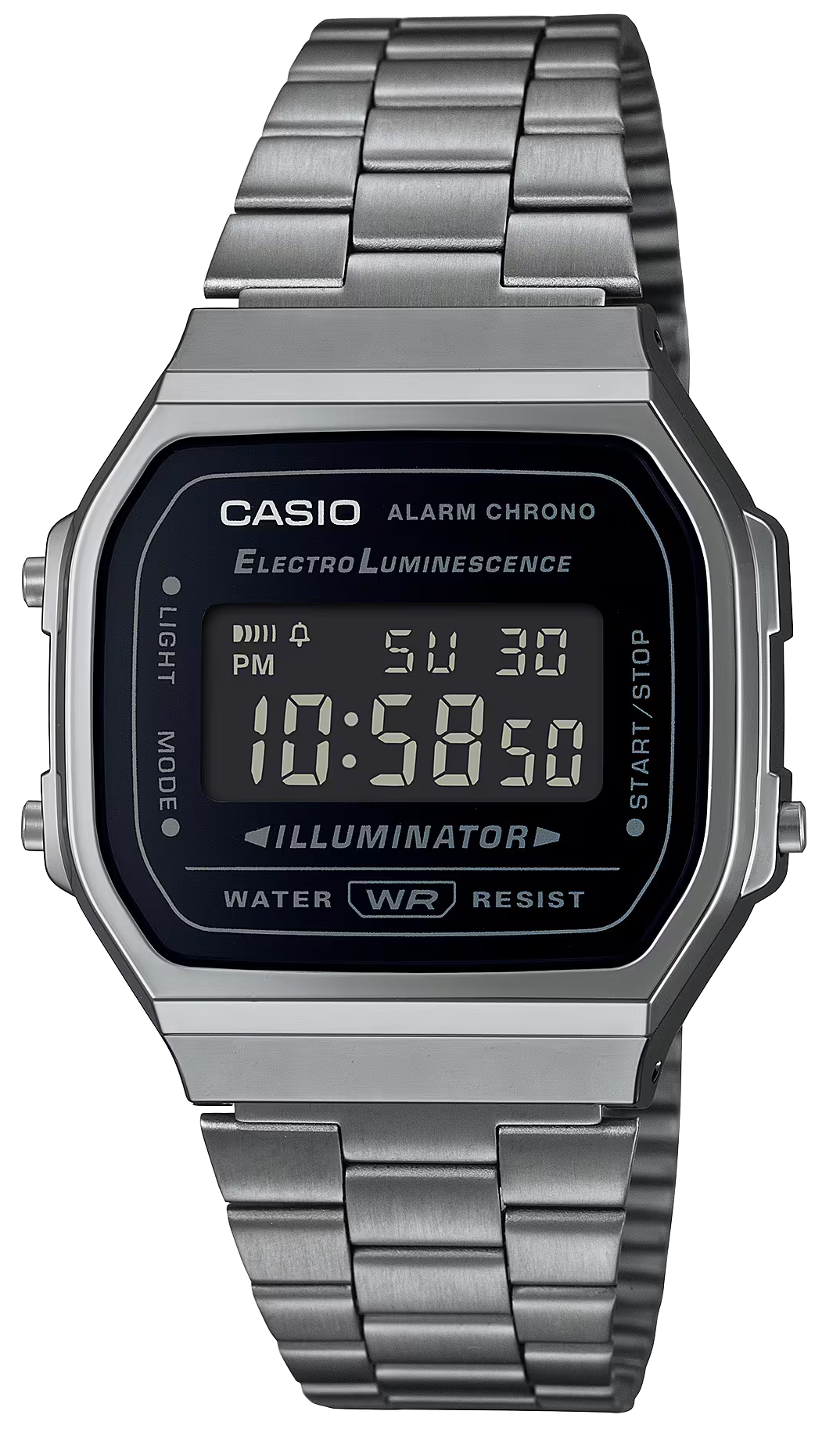 Casio Vintage montre avec bracelet en métal, affichage numérique et boîtier sombre