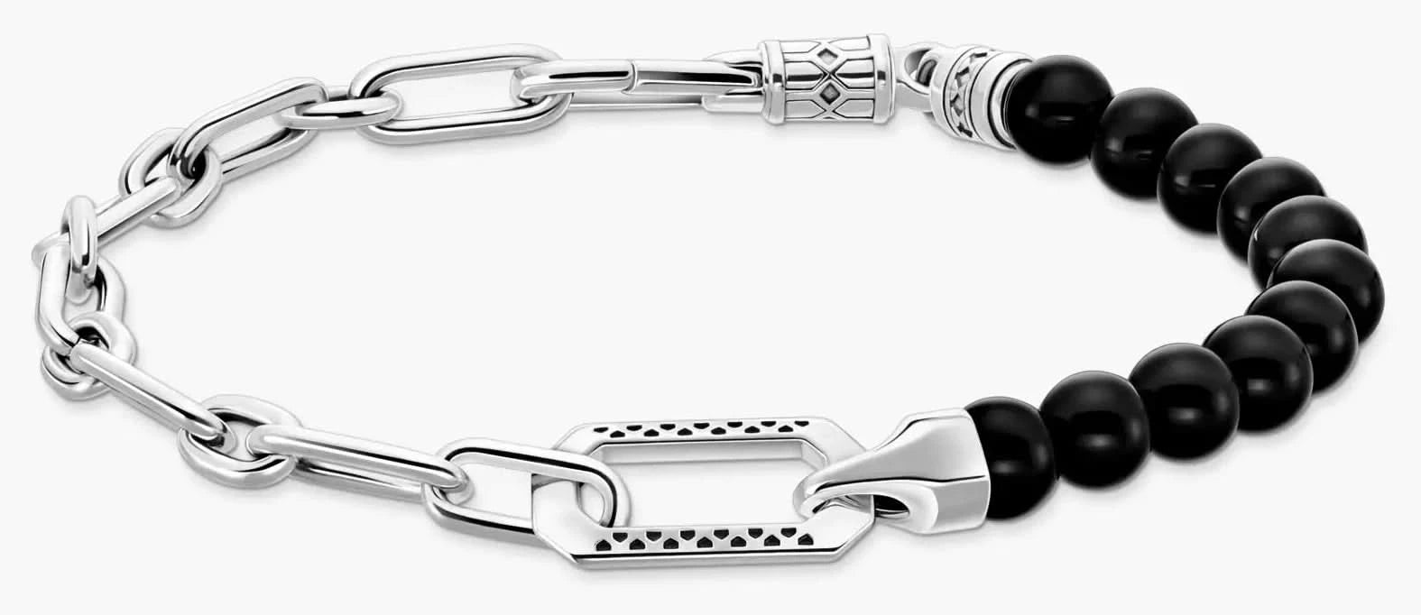 Bracelet avec maillons en argent et perles d'onyx noir, avec fermoir