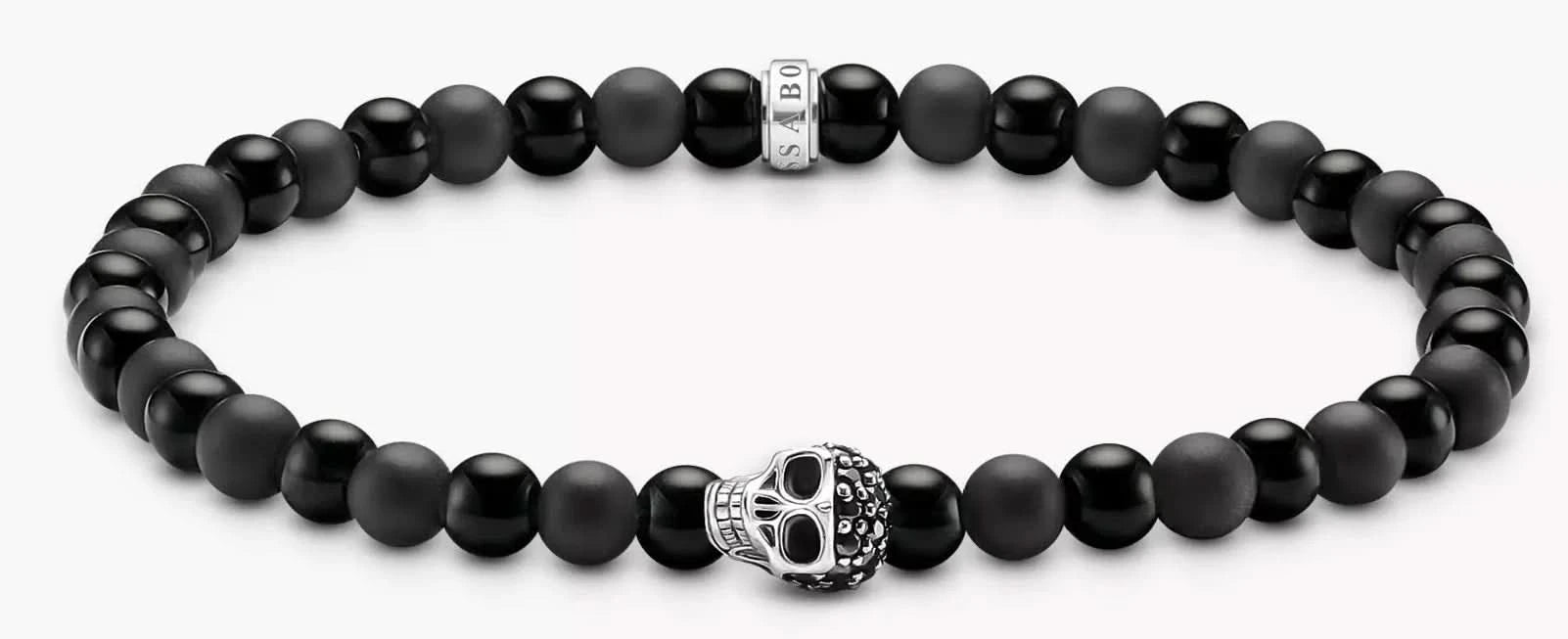 Bracelet pour homme avec perles noires et pendentif tête de mort en métal