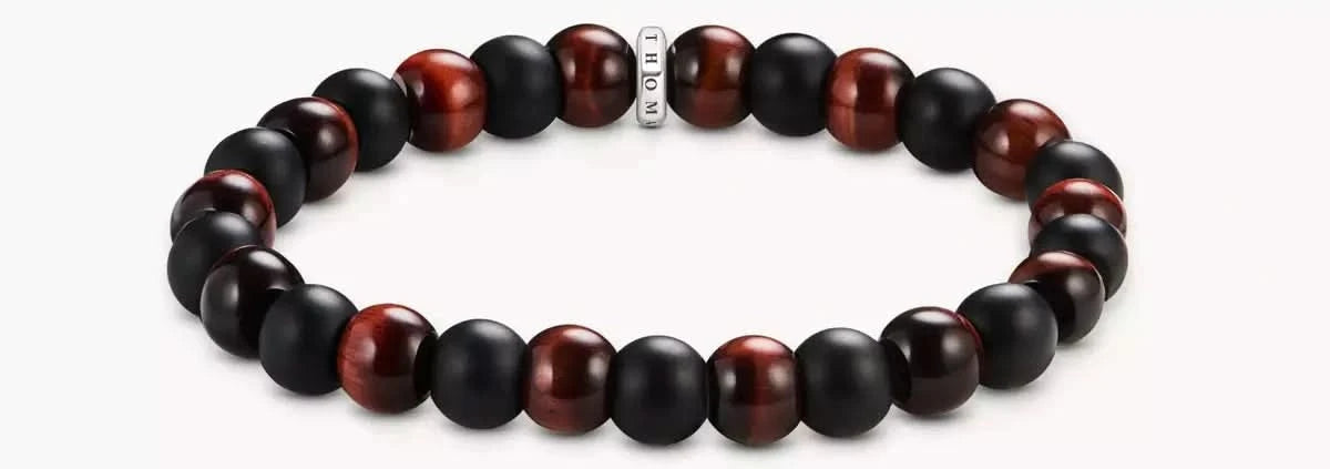 Bracelet pour homme avec perles noires et brun-rouge, perle métallique ronde