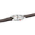 Damenarmbanduhr mit braunem Armband und silbernem Gehäuse, Zifferblatt im Profil.