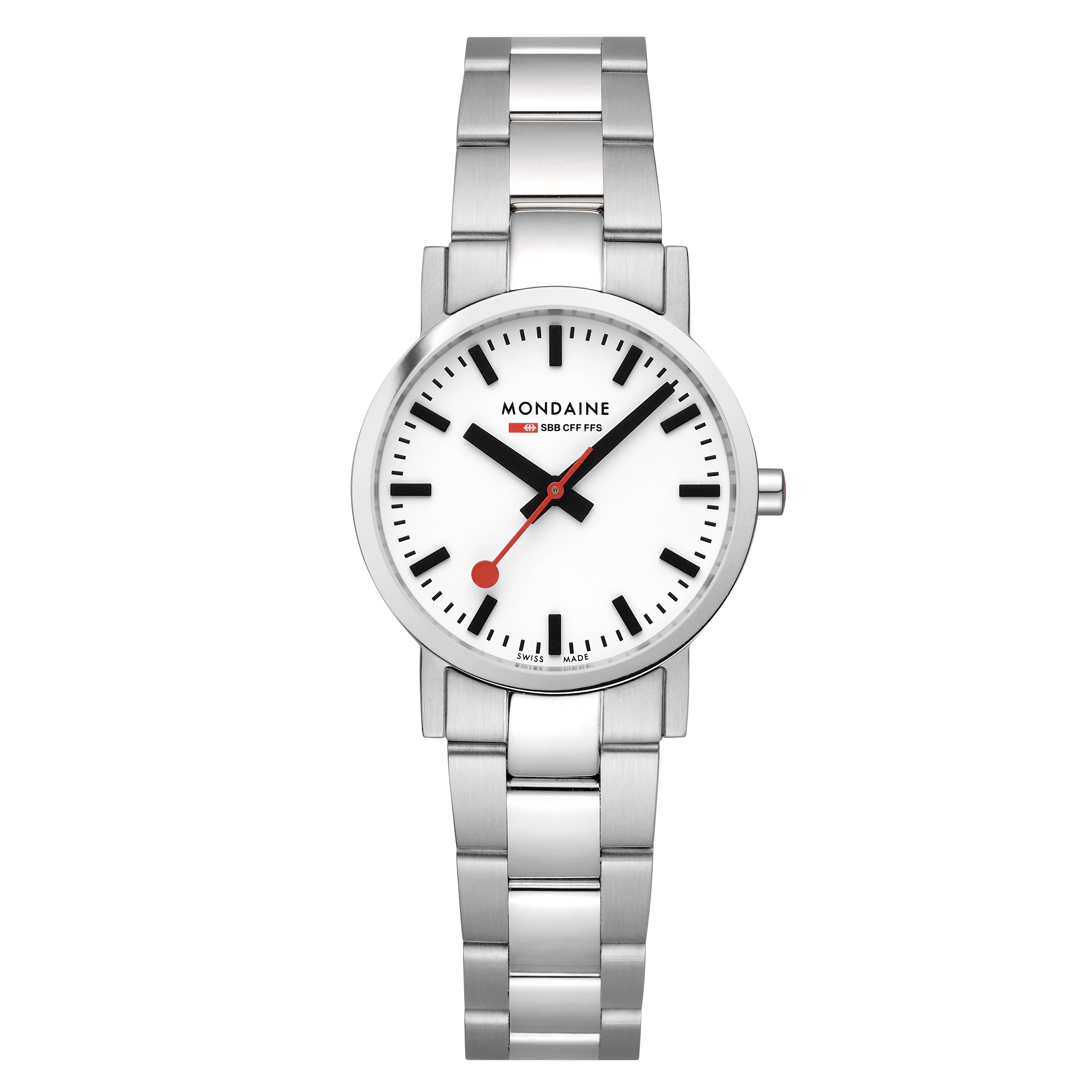 Mondaine Classic Damenarmanduhr aus Edelstahl mit weißem Zifferblatt und roten Zeigern