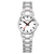 Mondaine Classic Damenarmanduhr aus Edelstahl mit weißem Zifferblatt und roten Zeigern