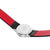 Mondaine Armbanduhr Unterseite mit Gravur und schwarzem Gehäuse, schwarzer und roter Lederbandseite.