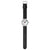 Mondaine Classic Armbanduhr mit schwarzem Lederband, Ansicht seitlich, weißes Zifferblatt