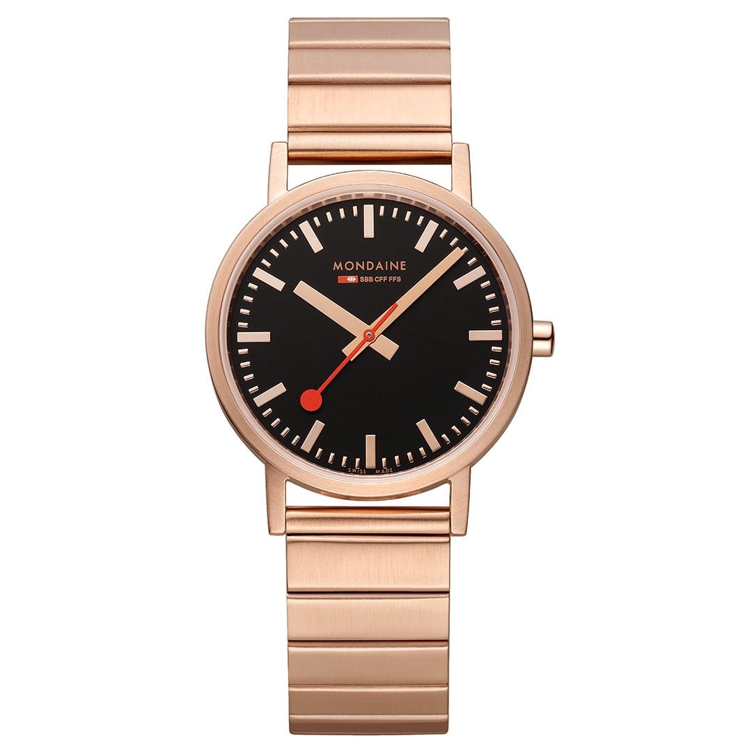 Mondaine Damenuhr mit schwarzem Zifferblatt und Roségoldfarbenem Metallarmband