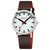 Herrenuhr mit braunem Lederarmband, rundem Gehäuse und weißem Ziffernblatt mit roten Details