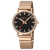 Herrenuhr mit schwarzem Zifferblatt und roségoldfarbenem Metallarmband, seitliche Ansicht