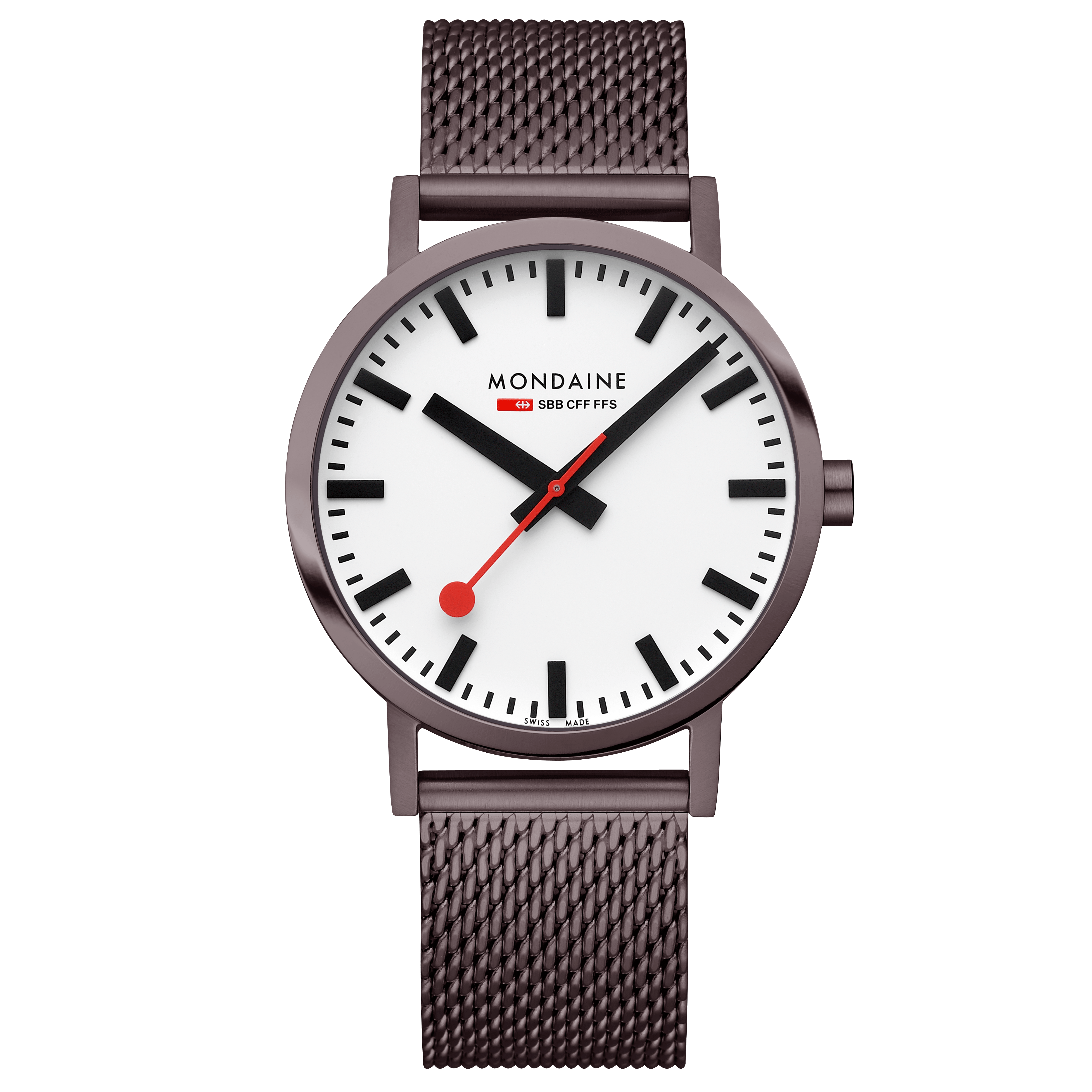 Herrenuhr mit braunem Mesh-Armband, rundem Zifferblatt mit schwarzen Indexen und roten Akzenten