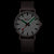 Herrenuhr mit braunem Mesh-Armband und rundem Zifferblatt; schwarze Stundenmarken, rote Sekunde
