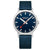 Mondaine Herrenuhr mit blauem Zifferblatt, roter Sekundenzeiger und blauem Textilarmband
