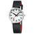 Mondaine Classic Damenuhr mit schwarzem Lederarmband, weißem Zifferblatt und Datumsanzeige „SAT 31“.