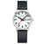 Mondaine Classic Damenuhr mit schwarzem Lederarmband, weißem Zifferblatt und Datumsanzeige „SAT 31“.