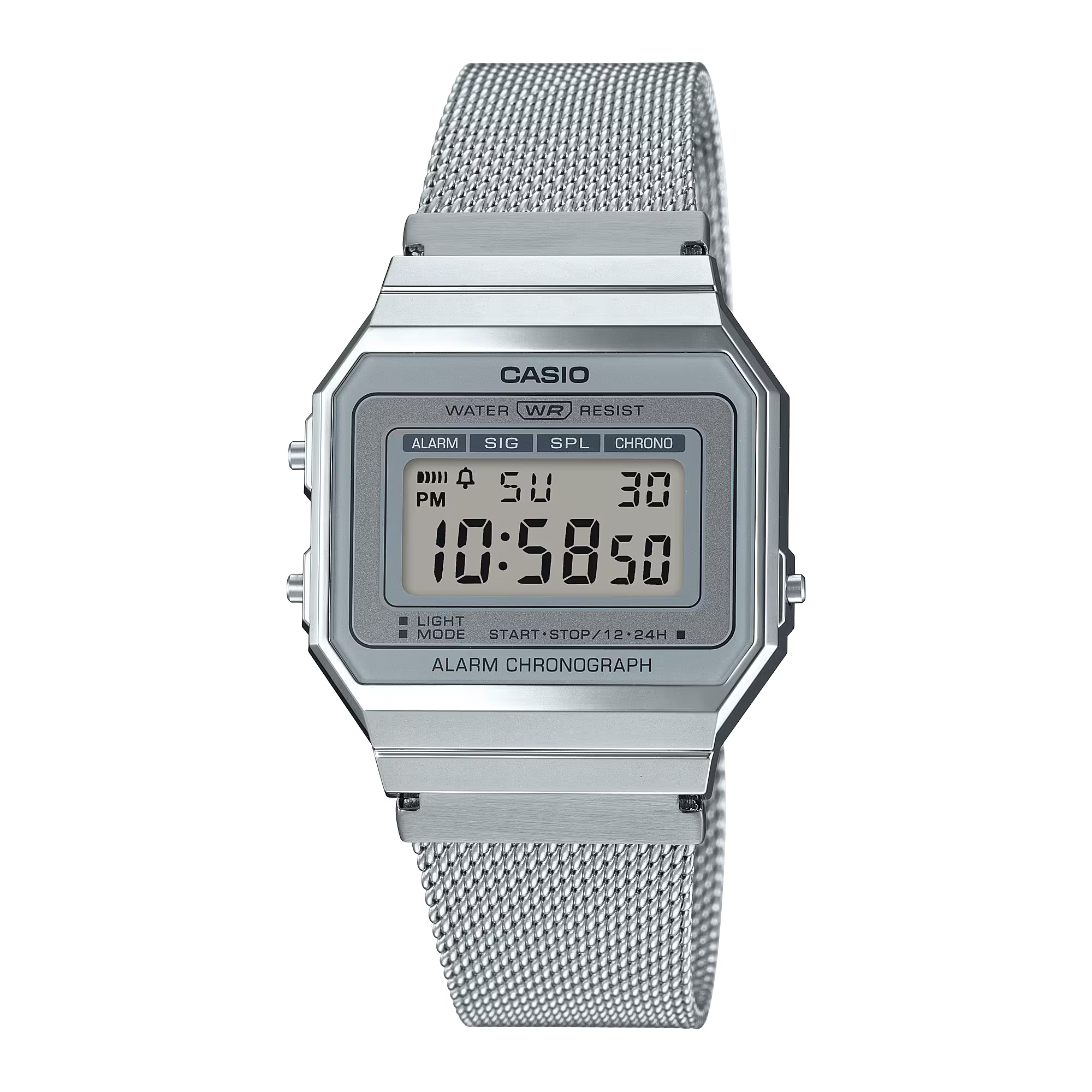 Casio Vintage montre avec bracelet en métal argenté et écran LCD numérique