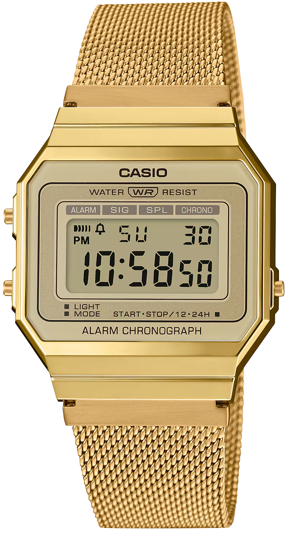 Montre numérique pour femme dorée avec bracelet en maille d'acier inoxydable et cadran octogonal, Casio