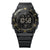 Schwarze Casio Digitalarmbanduhr mit beleuchteter LED-Ziffernanzeige und gelb-orangem Rand
