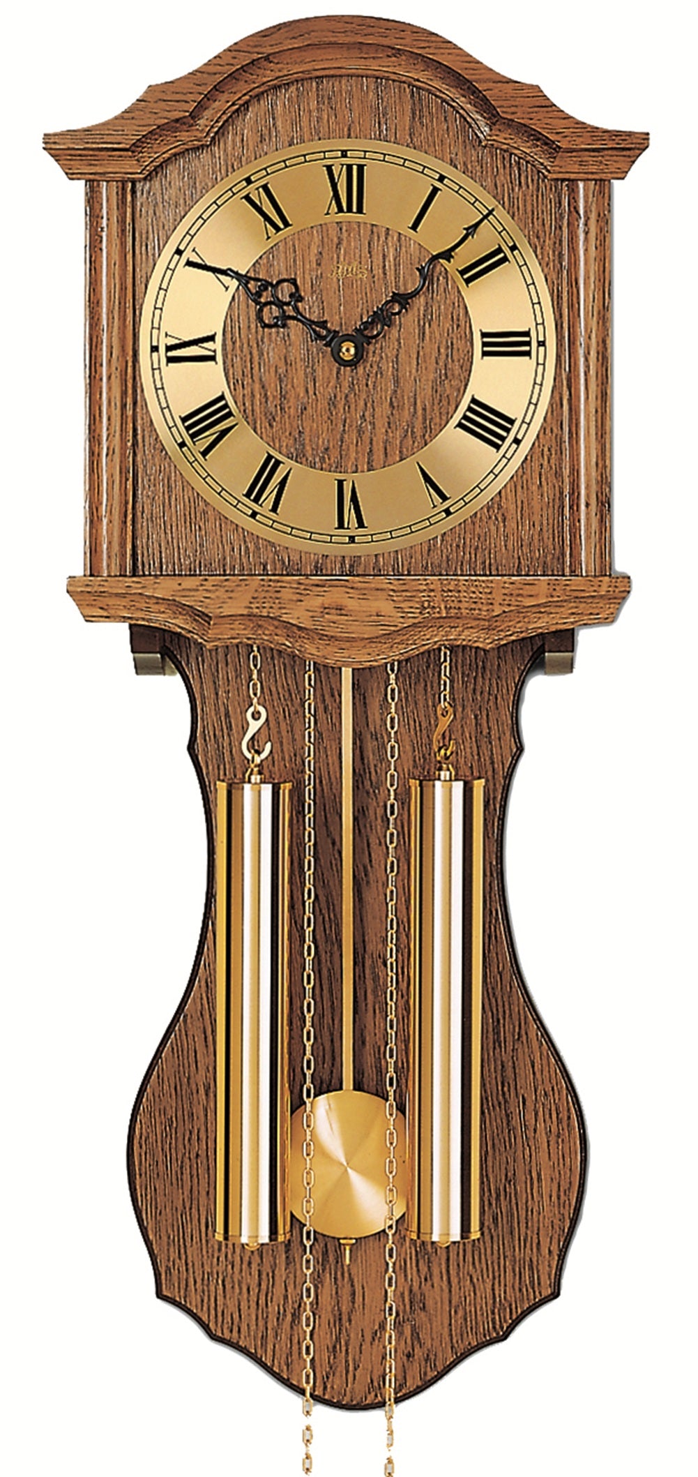 Horloge murale marron en bois avec cadran romain, balancier et entraînement par chaîne