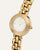 Runde goldfarbene Damenarmbanduhr mit römischen Ziffern und weißem Ziffernblatt