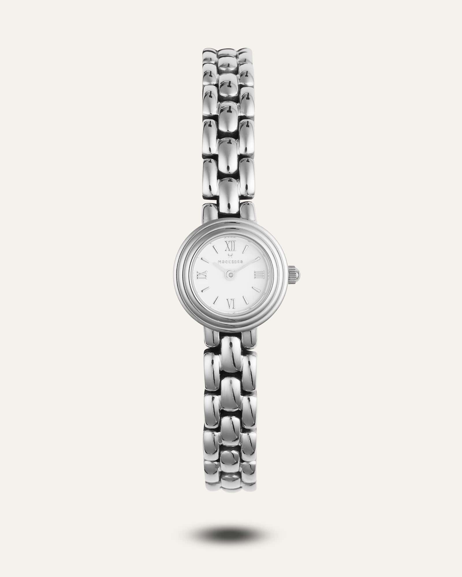 Mockberg Damenarmbanduhr mit silberfarbenem Edelstahlband und rundem Zifferblatt, römische Zahlen