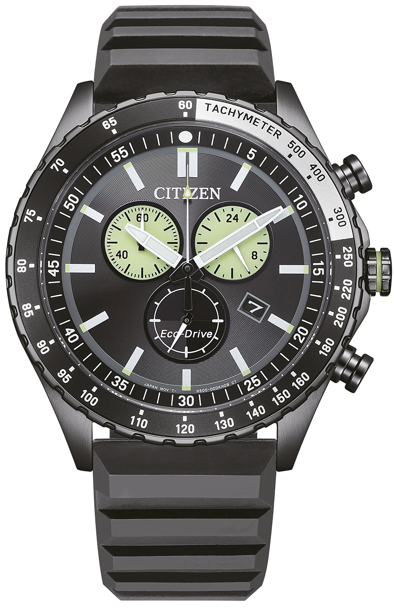 Montre pour homme : cadran noir, sous-cadrans chronographes, bracelet en caoutchouc noir