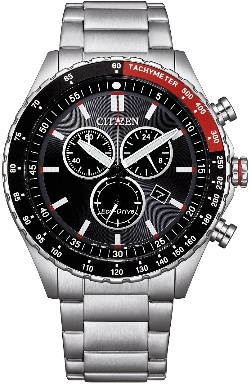 Montre homme avec bracelet en acier inoxydable argenté, cadran noir et lunette tachymètre