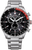 Montre homme avec bracelet en acier inoxydable argenté, cadran noir et lunette tachymètre