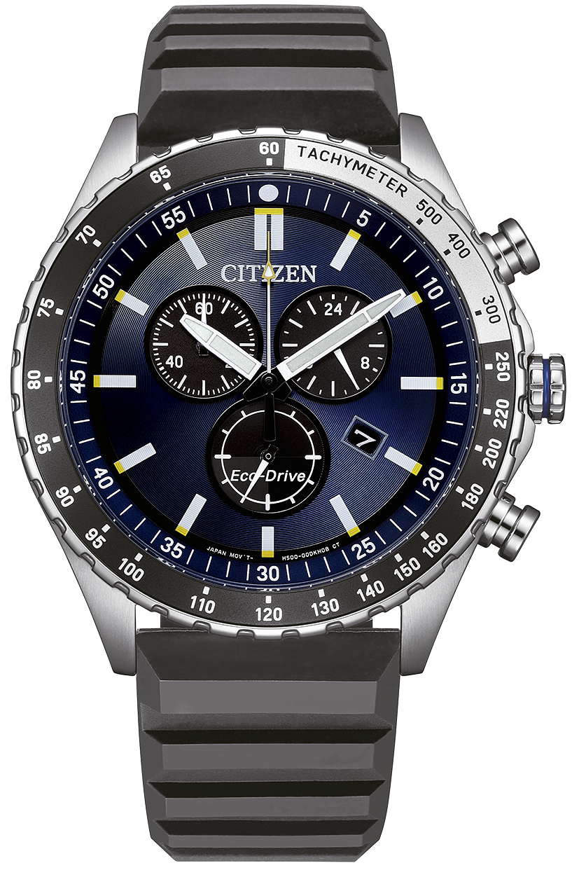 Montre homme avec cadran chronographe, lunette bleue et bracelet en plastique noir