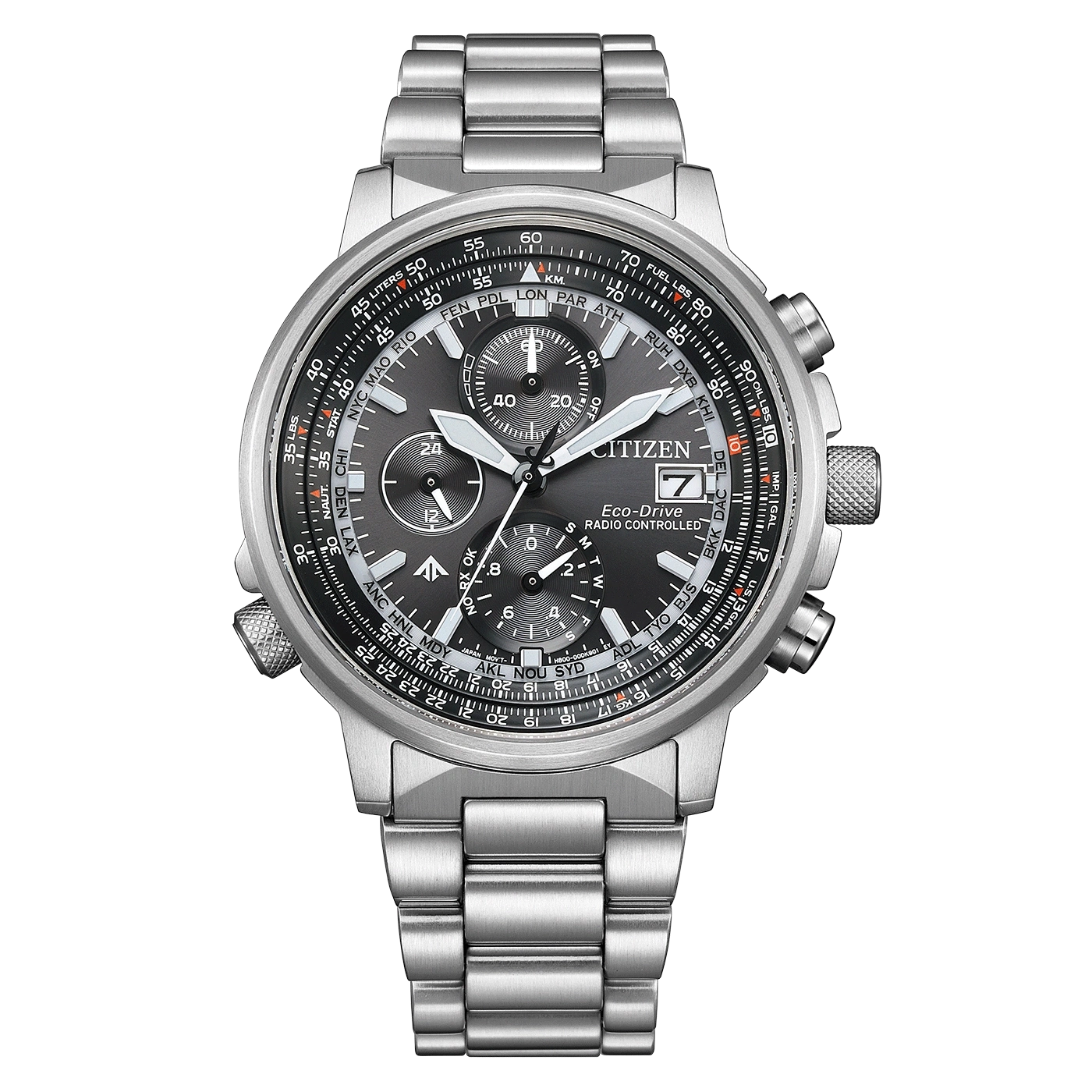 Herrenuhr mit Edelstahlarmband, schwarzem Zifferblatt und Chronographen-Subzifferblättern