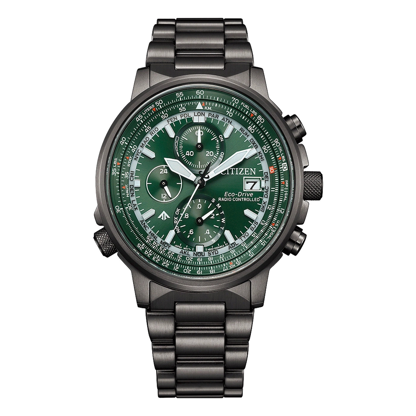 Herrenarmbanduhr mit grünem Zifferblatt, schwarzen Chrono-Subdials und schwarzem Metallarmband