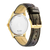 Montre homme avec boîtier doré, fond de boîtier visible et bracelet en cuir marron foncé