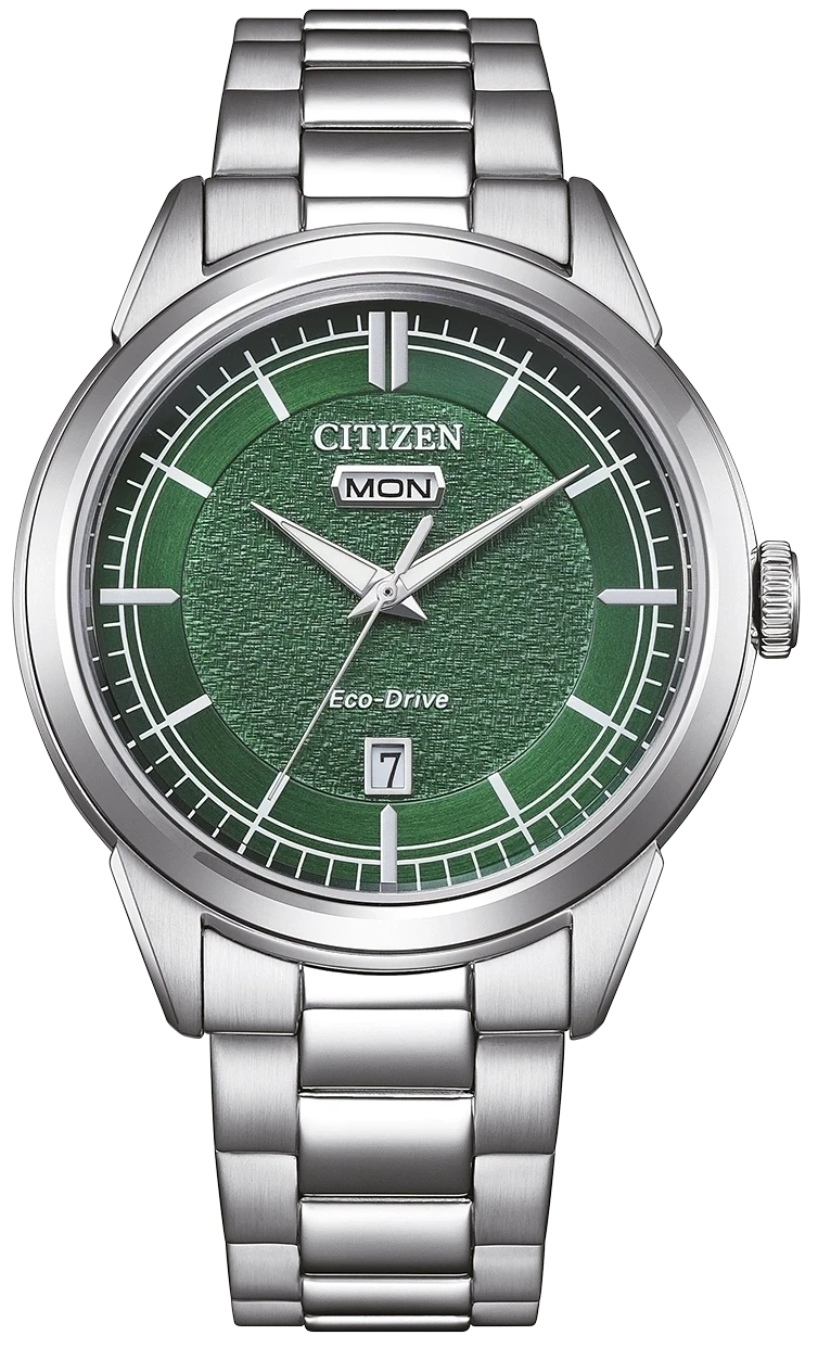 Montre Citizen Eco-Drive pour homme avec cadran vert, bracelet et aiguilles en métal argenté.