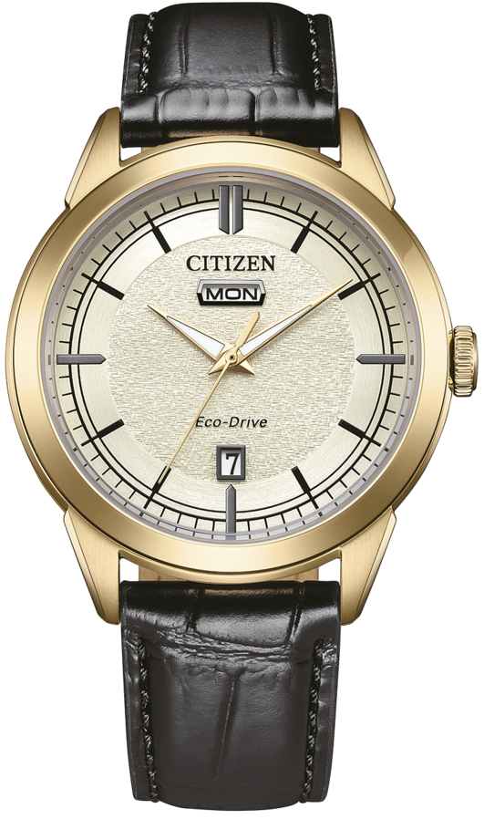 Montre homme avec lunette dorée, bracelet en cuir noir et cadran beige