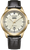 Montre homme avec lunette dorée, bracelet en cuir noir et cadran beige