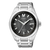 Herrenarmbanduhr mit silbernem Metallarmband und schwarzem Zifferblatt mit Streifen, CITIZEN