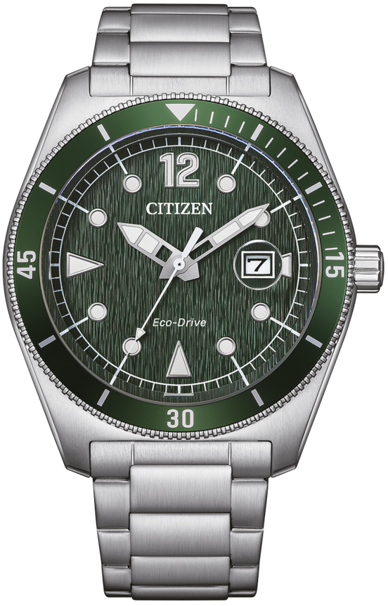 Bracelet de montre pour homme avec cadran vert, logo CITIZEN, bracelet en métal argenté