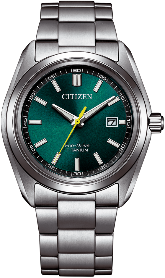 Montre homme : cadran bleu sarcelle, bracelet en titane argenté, aiguilles jaunes