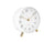 Réveil analogique blanc avec socle et cadran dorés, forme ronde