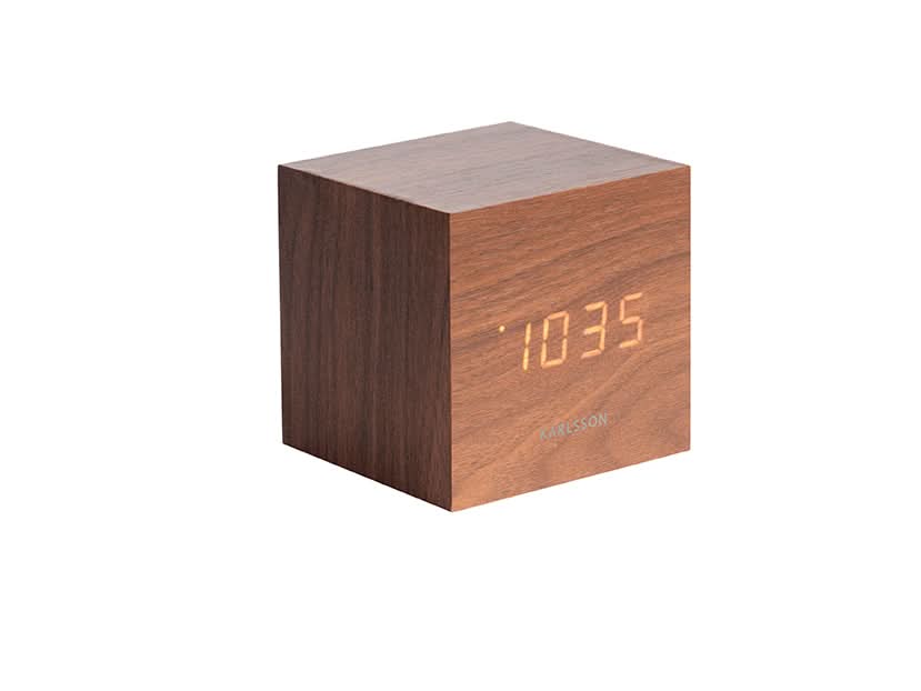 Réveil cube en bois sombre avec affichage numérique LED pour l'heure