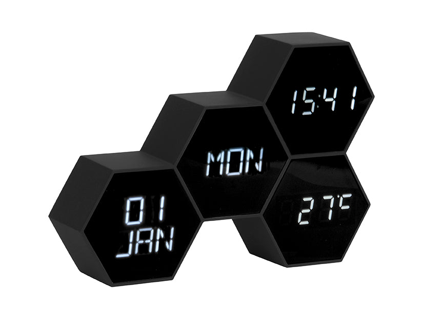 Réveil LED hexagonal noir avec trois affichages numériques