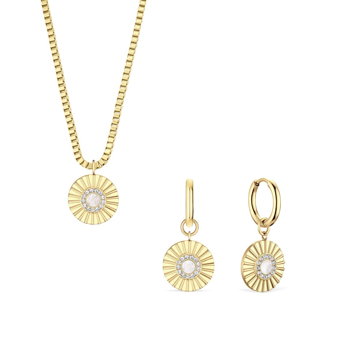 Ensemble de bijoux : collier doré avec pendentif rond en zircone et boucles d'oreilles pendantes