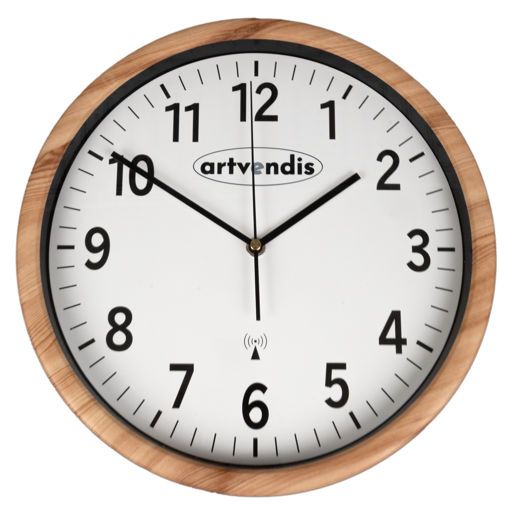 Wanduhr mit Holzrand, schwarzem Rahmen und weißem Ziffernblatt, artvendis