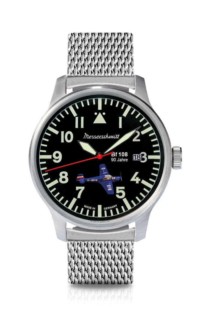 Montre Messerschmitt pour homme avec bracelet en acier, boîtier rond et cadran noir