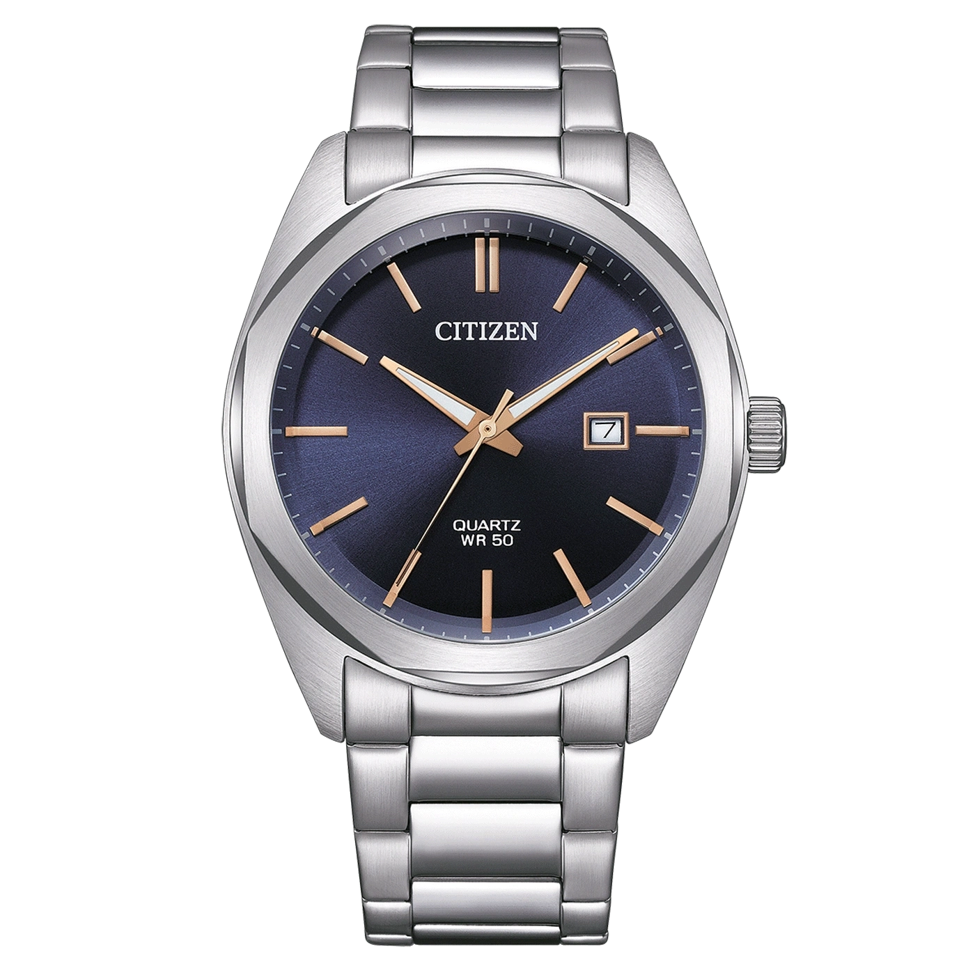 Citizen Herrenuhr mit blauem Zifferblatt, Quarzwerk und Datumsanzeige, Edelstahlarmband